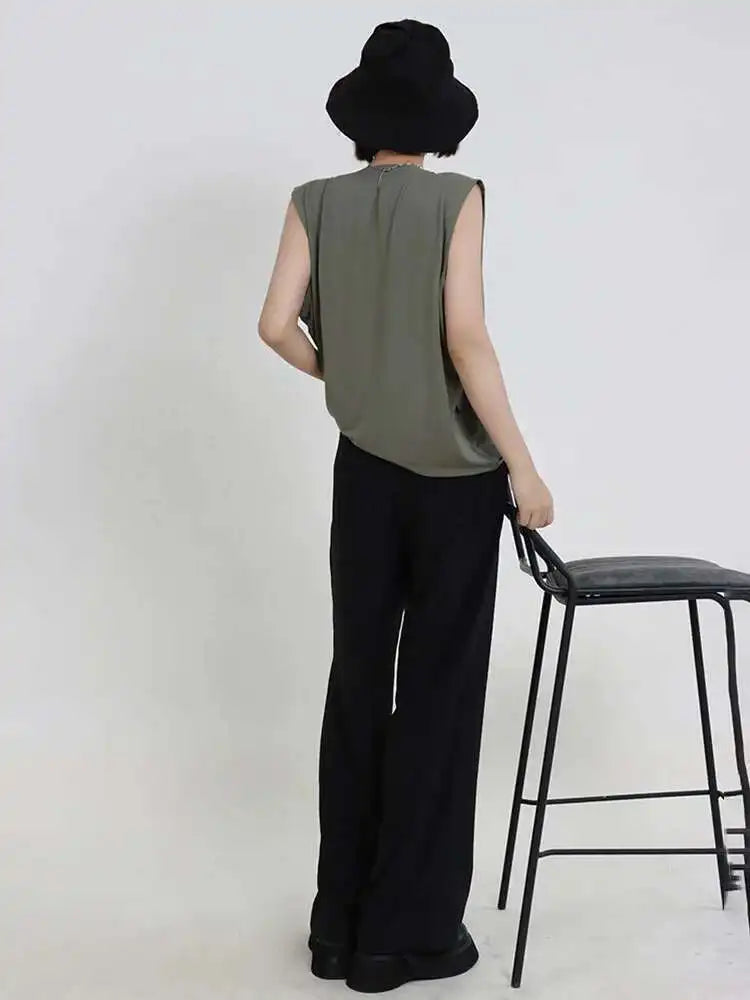 Women White Army Green Pleated Elegant Big Size T-shirt New Round Neck Sleeveless Fashion Tide Spring Summer 2025  1DF5071