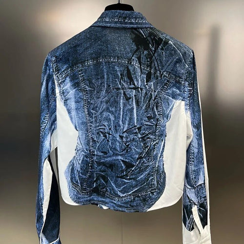 Load image into Gallery viewer, Hit Color Printing Denim Shirt For Women Lapel Long Sleeve Spliced Single Breasted Casual Blouse Female Fashion
