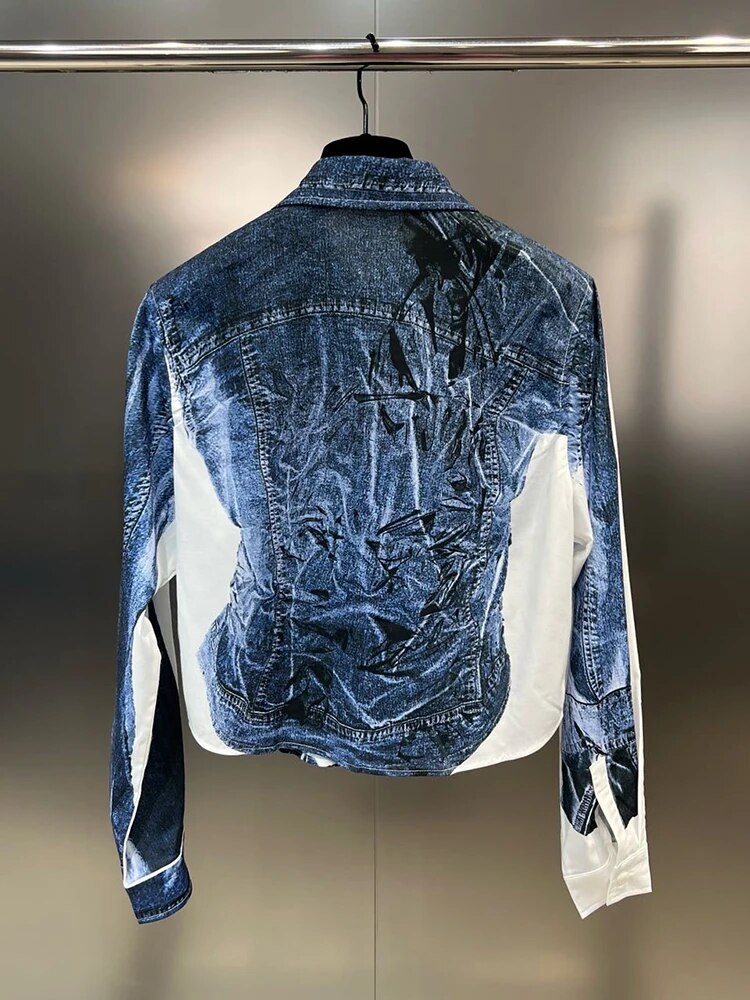 Hit Color Printing Denim Shirt For Women Lapel Long Sleeve Spliced Single Breasted Casual Blouse Female Fashion