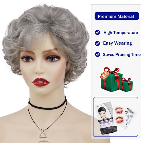 Load image into Gallery viewer, Old Lady Synthetic Granny Wigs for Women Silver Gray Wig with Bangs Natural Hairstyle Curly Short Haircuts for Mother Mommy Wigs
