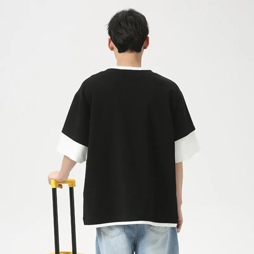 Load image into Gallery viewer, Korean Style Male T-shirts Summer Loose Round Neck Short Sleeve Fake Two-piece Patchwork Men&#39;s Tees Chic 2024 9C6308
