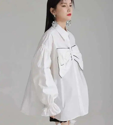 Women White Big Size Bow Elegant Long Blouse New Lapel Long Flare Sleeve Shirt Fashion Tide Spring Autumn 2025 1DH4000