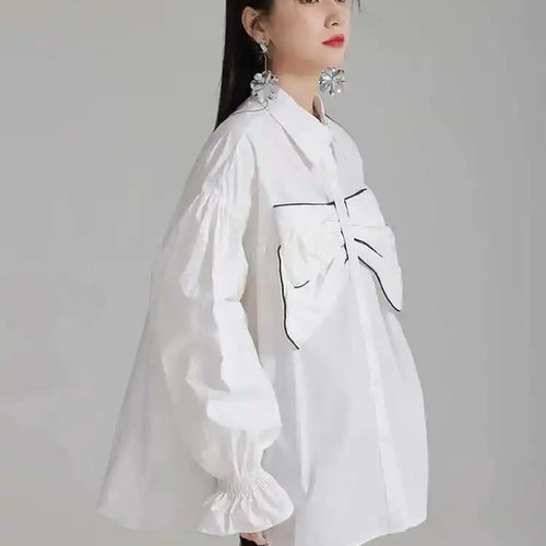 Load image into Gallery viewer, Women White Big Size Bow Elegant Long Blouse New Lapel Long Flare Sleeve Shirt Fashion Tide Spring Autumn 2025 1DH4000

