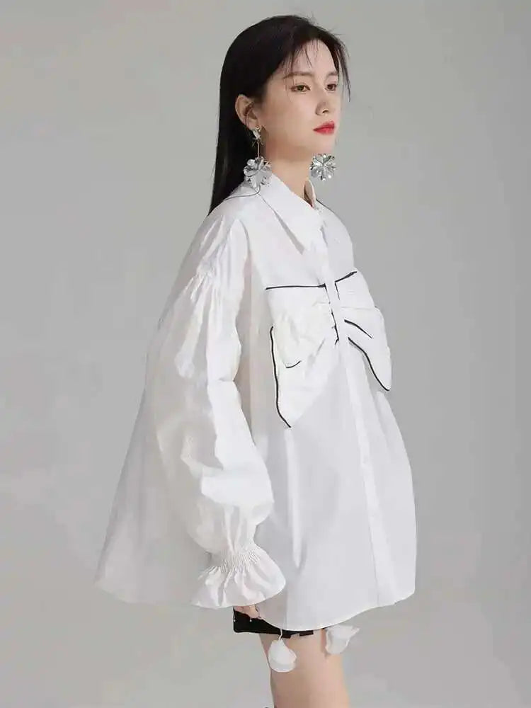 Women White Big Size Bow Elegant Long Blouse New Lapel Long Flare Sleeve Shirt Fashion Tide Spring Autumn 2025 1DH4000