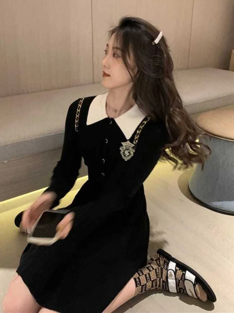 School Student Knitted Knit Black Dress Women Preppy Style Korean Fashion Kpop Long Sleeve Mini Short Dresses Autumn