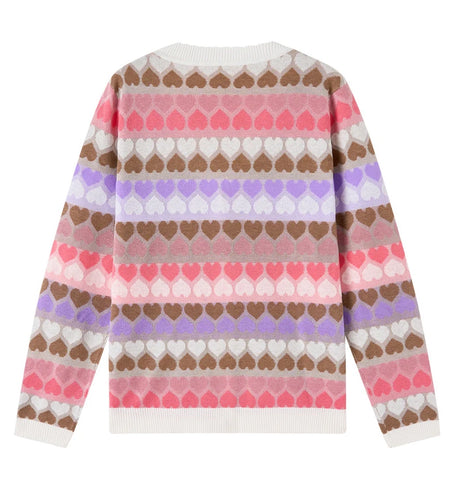 Fashion Pink Hearts Jacquard Knitted Cardigans Women Autumn Soft V-neck Thin Open Stitch Sweater Casual Loose Streetwear C-173