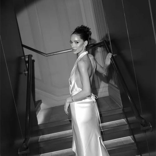 Load image into Gallery viewer, Satin Deep V Neck Backless Sexy Maxi Dress Women Elegant Halter Sleeveless Lace-up High Waist Draped Ruched Long Dress
