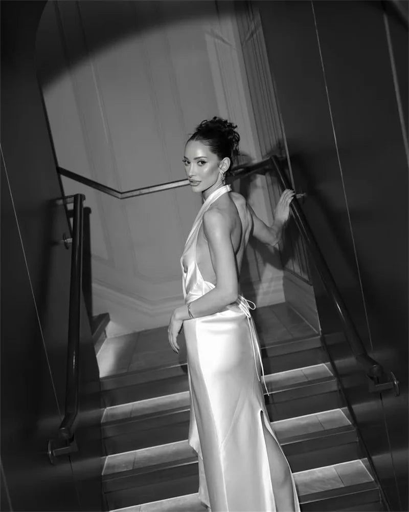 Satin Deep V Neck Backless Sexy Maxi Dress Women Elegant Halter Sleeveless Lace-up High Waist Draped Ruched Long Dress