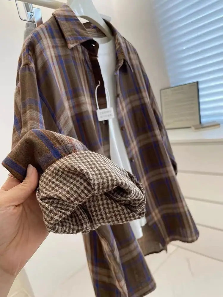Autumn Vintage Blue Checkered Single Breasted Shirt Women New Brown Plaid Casual Loose Long Sleeve Fashion Versatile Blouses Top