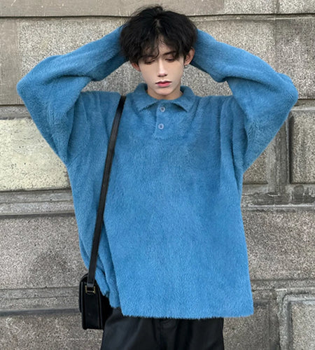 Turn-down Collar Male Sweaters Solid Color Plush Button Trendy Men's Knitting Pullovers Tops Korean Chic New Simple 9C4118