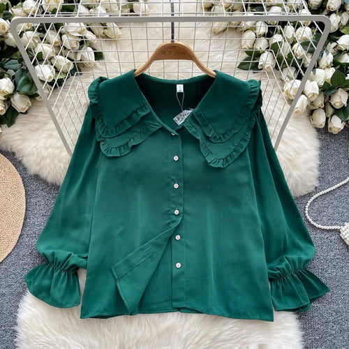 Load image into Gallery viewer, Autumn 2024 Vintage Women Sweet Solid Ruffles Shirts Fashion Ladies Long Sleeves Blouses Chic Single Breasted Tops Clothes Chic

