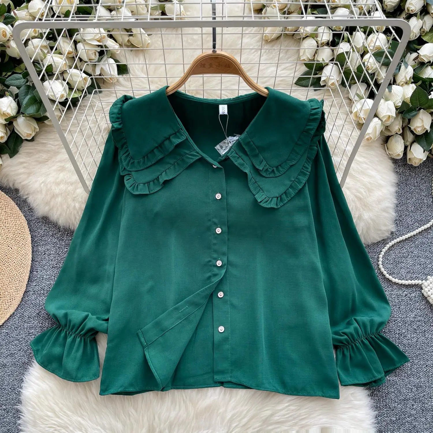 Autumn 2024 Vintage Women Sweet Solid Ruffles Shirts Fashion Ladies Long Sleeves Blouses Chic Single Breasted Tops Clothes Chic