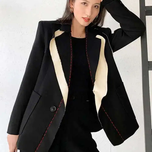 Load image into Gallery viewer, Women Black Contrast Color Burr Blazer New Lapel Long Sleeve Loose Fit  Jacket Fashion Tide Spring Autumn 2025 1W519
