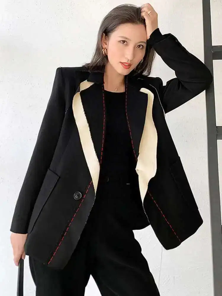 Women Black Contrast Color Burr Blazer New Lapel Long Sleeve Loose Fit  Jacket Fashion Tide Spring Autumn 2025 1W519