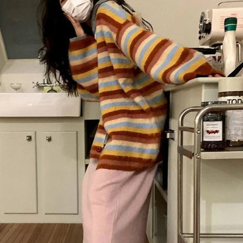 Load image into Gallery viewer, Vintage Striped Cardigan Korean Chic Y2k Aesthetic Sweater Coat 2025 Autumn New Harajuku Kardigany Jumper Pull  Femme
