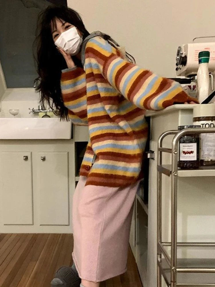 Vintage Striped Cardigan Korean Chic Y2k Aesthetic Sweater Coat 2025 Autumn New Harajuku Kardigany Jumper Pull  Femme