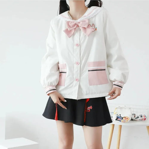 Load image into Gallery viewer, Harajuku Rabbit Embroidery Women Quilted Coats Winter Long Sleeve Sailor Collar Bow Ladies Cotton Liner Jackets Outwears
