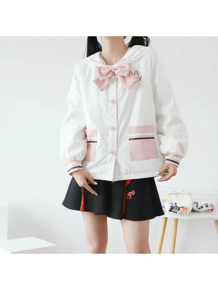 Harajuku Rabbit Embroidery Women Quilted Coats Winter Long Sleeve Sailor Collar Bow Ladies Cotton Liner Jackets Outwears