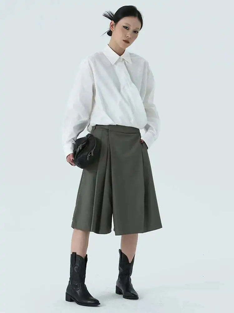 High Waist Gray Green Irregular Pleated Casual Knee Length Pants New Trousers Women Fashion Spring Autumn 2025 1DH4952