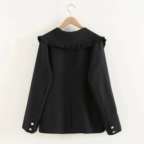 Load image into Gallery viewer, Black Solid Women Jacket For  Cartoon Appliques Winter Single Breasted Long Sleeve Ruffled Neck Casual Outwears Coat
