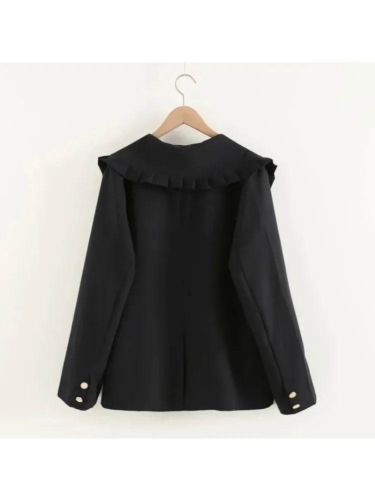 Black Solid Women Jacket For  Cartoon Appliques Winter Single Breasted Long Sleeve Ruffled Neck Casual Outwears Coat