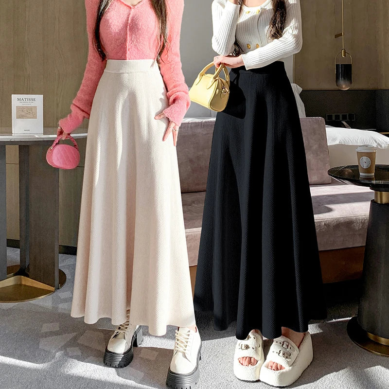 French Fashion Winter Autumn Warm Women Solid Knit Long Skirt Retro Elastic High Waist Ruffle Edge A-line Pleated Skirt 2024 New