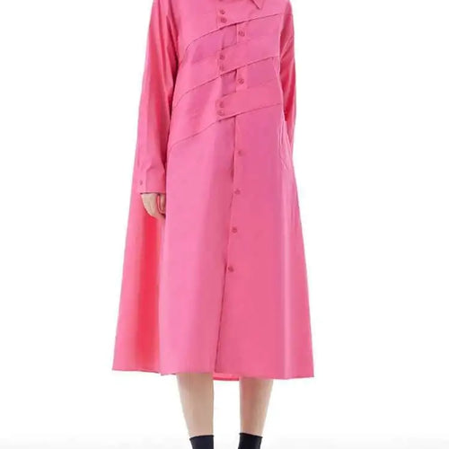 Load image into Gallery viewer, Women Rose Red Button Design Big Size Midi Shirt Dress New Lapel Long Sleeve Fashion Tide Spring Autumn 2025 1DH5165
