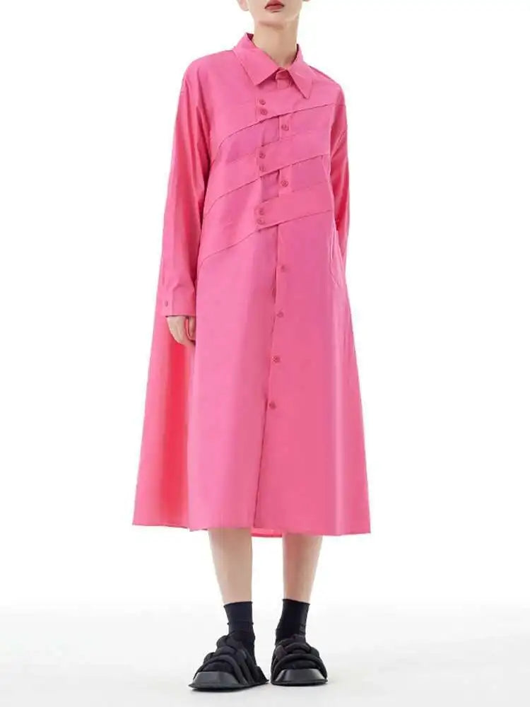 Women Rose Red Button Design Big Size Midi Shirt Dress New Lapel Long Sleeve Fashion Tide Spring Autumn 2025 1DH5165