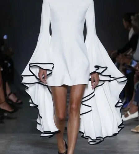 Women‘s Club Outfits Mini dress Flare Sleeves Long Sleeves White Stand Collar party birthday dresses For woman