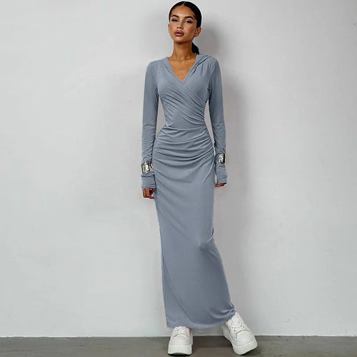 Load image into Gallery viewer, Elegant V Neck Hooded Maxi Dress For Women Autumn Winter New Long Sleeve Bodycon Ruched Fashion Long Dress New
