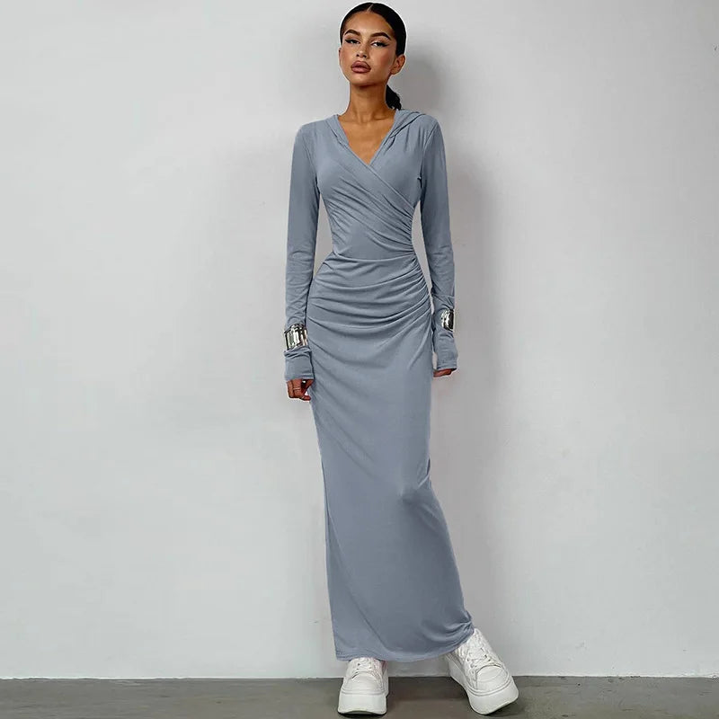 Elegant V Neck Hooded Maxi Dress For Women Autumn Winter New Long Sleeve Bodycon Ruched Fashion Long Dress New