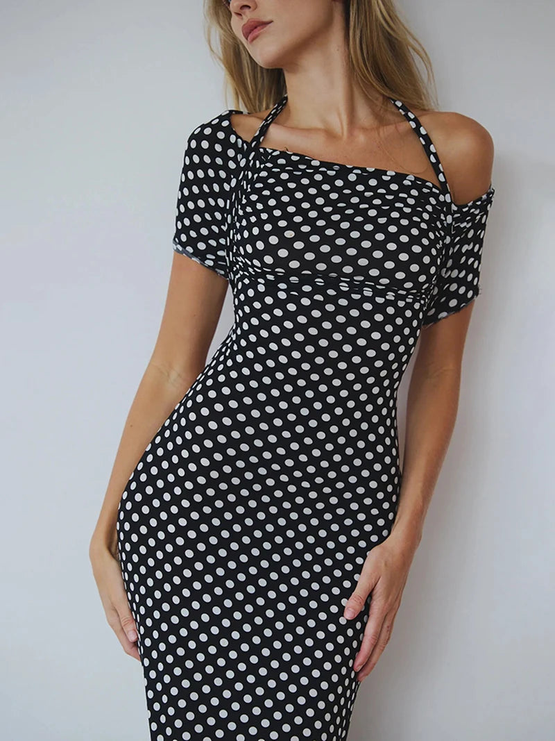 Off-shoulder Polka Dot Maxi Dress For Women Gown Fashion Halter Sleeveless Backless bodycon Split Long Dress Elegant