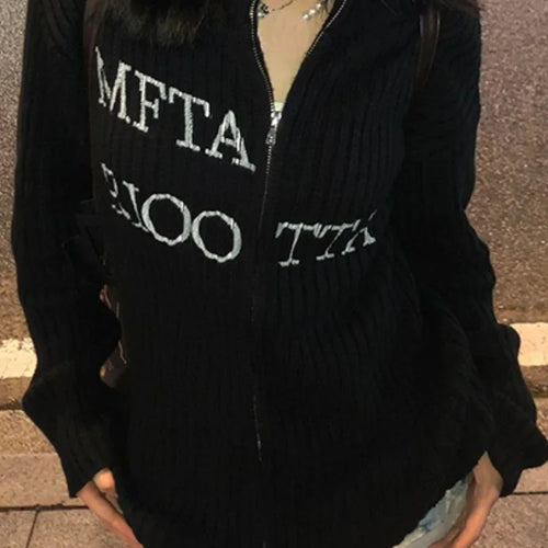 Load image into Gallery viewer, Y2k Aesthetic Letter Jacquard Knitted Cardigan Women Vintage Double Zippers Jacket Harajuku Loose Sweater Coat Grunge Streetwear
