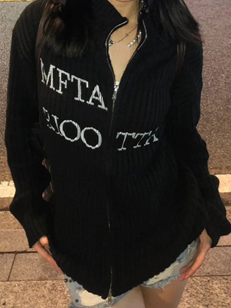 Y2k Aesthetic Letter Jacquard Knitted Cardigan Women Vintage Double Zippers Jacket Harajuku Loose Sweater Coat Grunge Streetwear