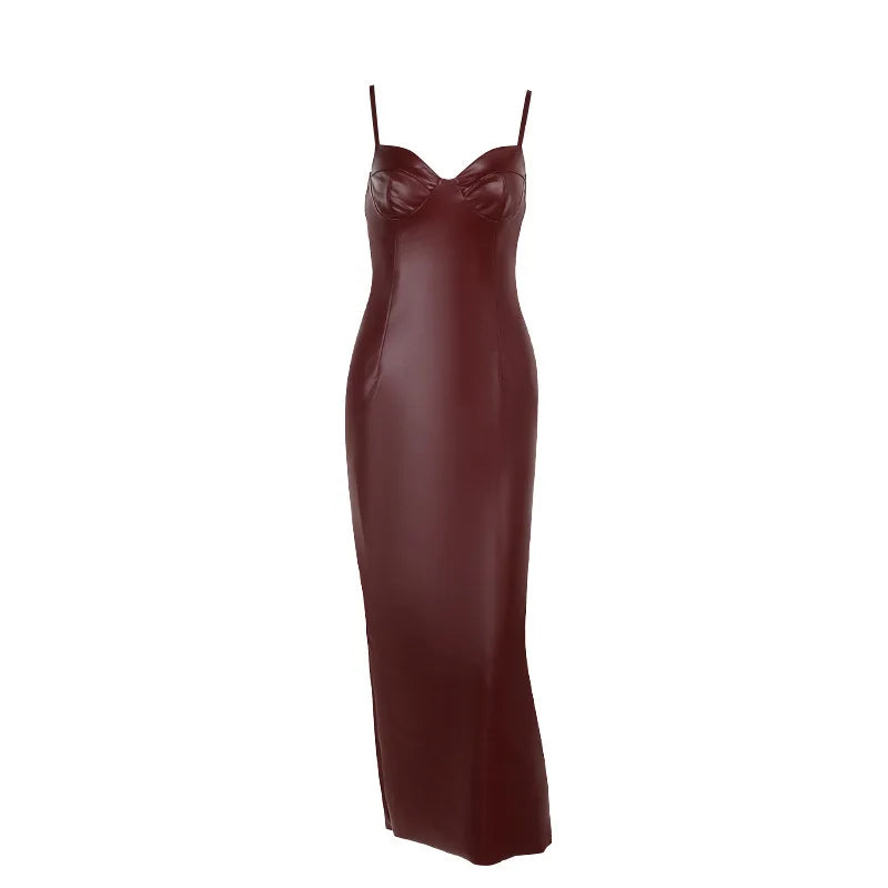 Spaghetti Strap PU Leather Sexy Maxi Dress For Women Fashion Halter Sleeveless Backless Slim Fit Sexy Long Dress New