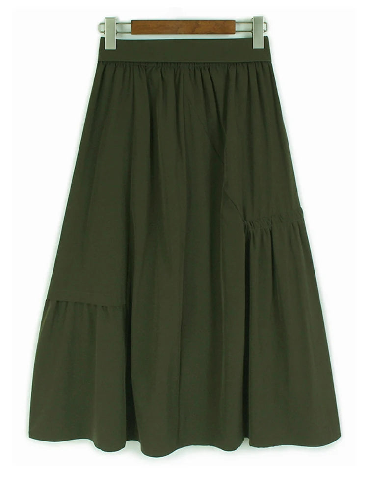 High Elastic Waist Khaki Pleated Belted Drawstring A-line Half-body Skirt Women Fashion New Spring Autumn 2025 1DJ1046