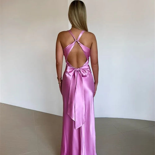 Load image into Gallery viewer, Satin Bow Backless Sexy Maxi Dress For Women Gown Fashion V Neck Sleeveless Club Party Evening Dress Elegant
