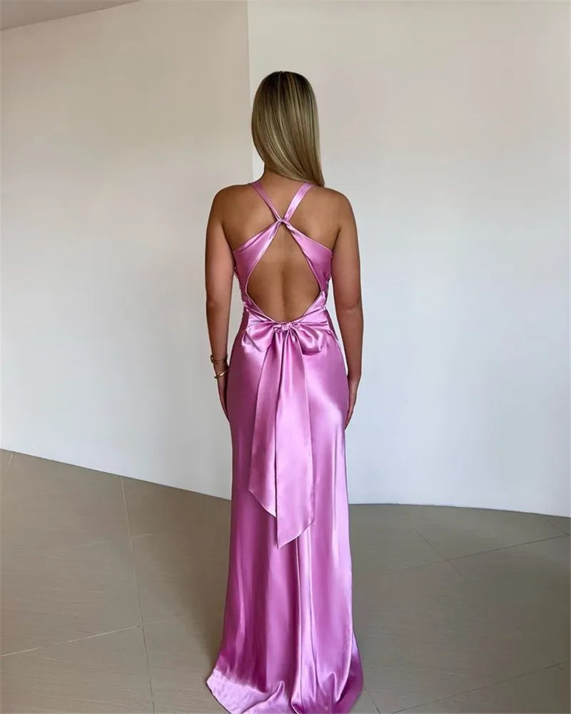 Satin Bow Backless Sexy Maxi Dress For Women Gown Fashion V Neck Sleeveless Club Party Evening Dress Elegant