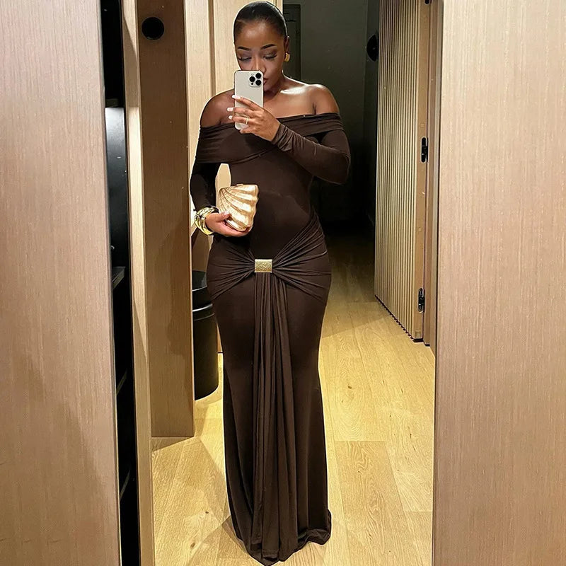 Off-shoulder Long Sleeve Sexy Maxi Dress For Women Fashion Strapless Backless Draped Bodycon Club Party Long Dress