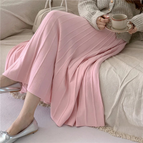 Load image into Gallery viewer, Korean Fashion Solid Sweet Elegant Knit Party Long Skirts Autumn Winter Women Pleated A-line High Waist Fairy Umbrella Skirt New
