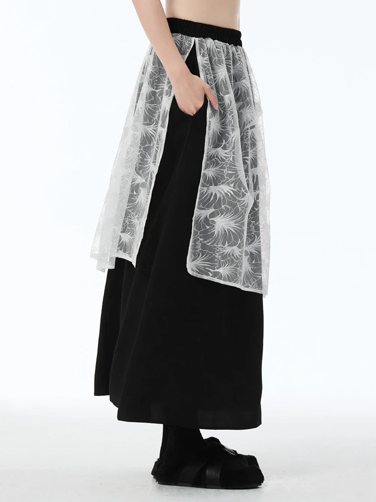 High Elastic Waist Black Lace Spliced Irregular A-line Half-body Skirt Women Fashion Tide New Spring Autumn 2025 1DJ1251