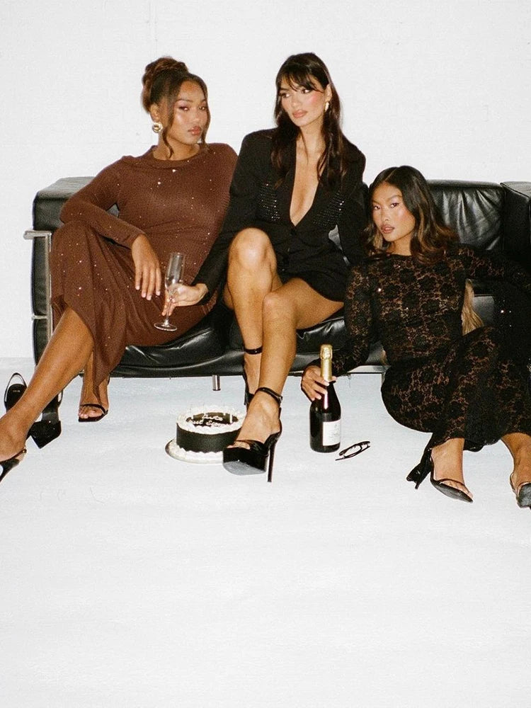 Diamond Loose Suit Low Waist Lengthened Women Bright Mesh Hollow Long Sleeve Shoulder Pad Suit Casual Party Streetwear