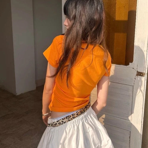 Load image into Gallery viewer, Harajuku Orange Flower Letter Printing T-shirts Streetwear Vintage Bodycon Fairy Tshirts Summer Women Y2k Aesthetic Grunge Tops
