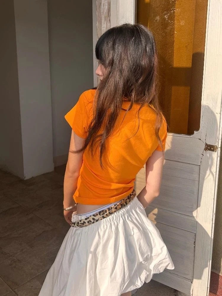 Harajuku Orange Flower Letter Printing T-shirts Streetwear Vintage Bodycon Fairy Tshirts Summer Women Y2k Aesthetic Grunge Tops