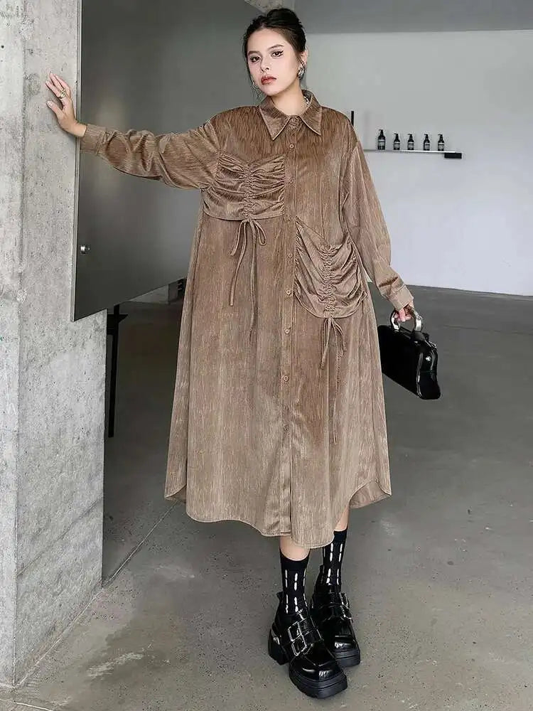 Women Khaki Drawstring Irregular Big Size Elegant Midi Dress New Long Sleeve Fashion Tide Spring Autumn 2025 1DH7270