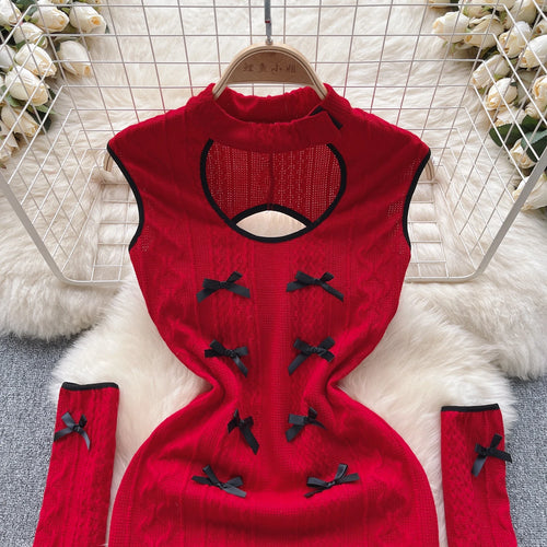 Load image into Gallery viewer, Christmas Atmosphere Sweet Party Sexy Club Women Wrapped Hip Short Dress Spring Summer Red Patchwork Hollow Out Bow Short Dress
