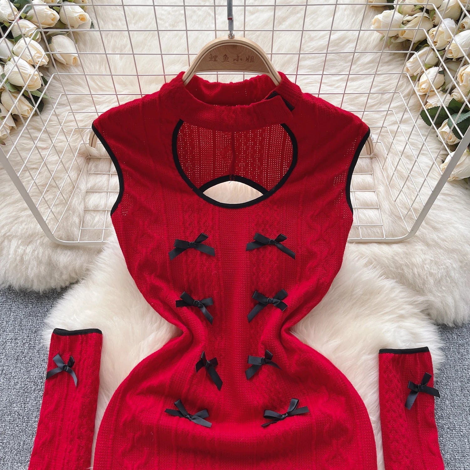 Christmas Atmosphere Sweet Party Sexy Club Women Wrapped Hip Short Dress Spring Summer Red Patchwork Hollow Out Bow Short Dress