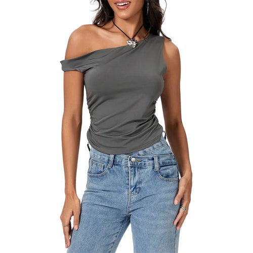 Load image into Gallery viewer, y2k Crop Tops 2000s Clothing Women Solid Color Oblique Shoulder Sleeveless T Shirt Aesthetic Clothes Summer Streetwear
