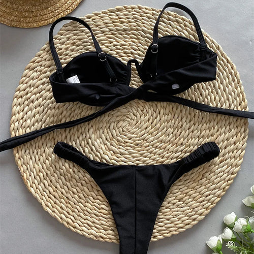 Load image into Gallery viewer, 3 Colors Sexy Bandeau Bikini Set Bandage Brazilian Female Swimsuit Women Swimwear Backless Two-pieces Bathing Suit
