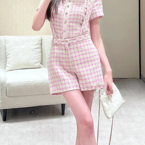 Load image into Gallery viewer, Spliced Plaid Two Piece Sets for Women Peter Pan Collar Short Sleeves Patchwork Button Top Strap Shorts Set Female
